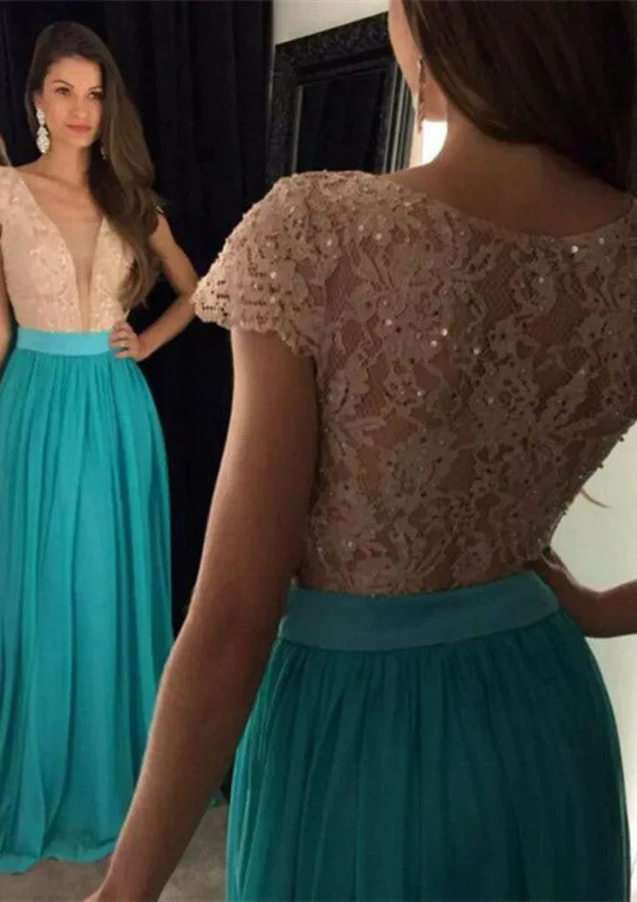 Rhinestone Lace Plunging Turquoise Long Chiffon Prom Gown