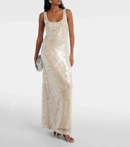 Chic Sequin Tank Champagne Backless Prom Dress