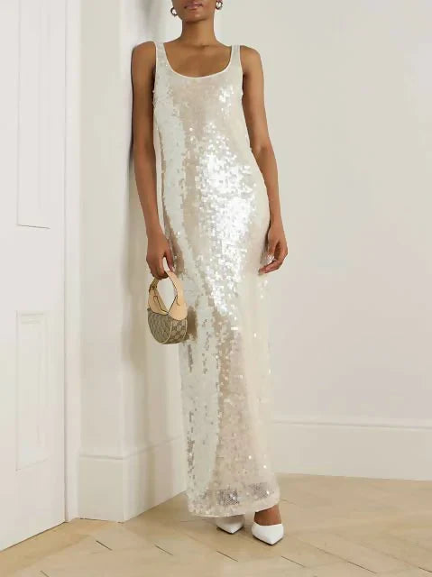 Chic Sequin Tank Champagne Backless Prom Dress