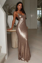 Champagne Sparkle Spaghetti Straps Sequin Floor-Length Maxi Dress Prom Dress