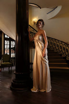 Elegant Strapless Ruched Floor-Length Backless Dress