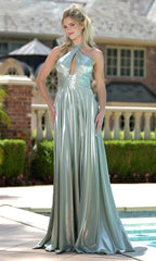 Chic Halter Ruched Keyhole Liquid Metallic Gown