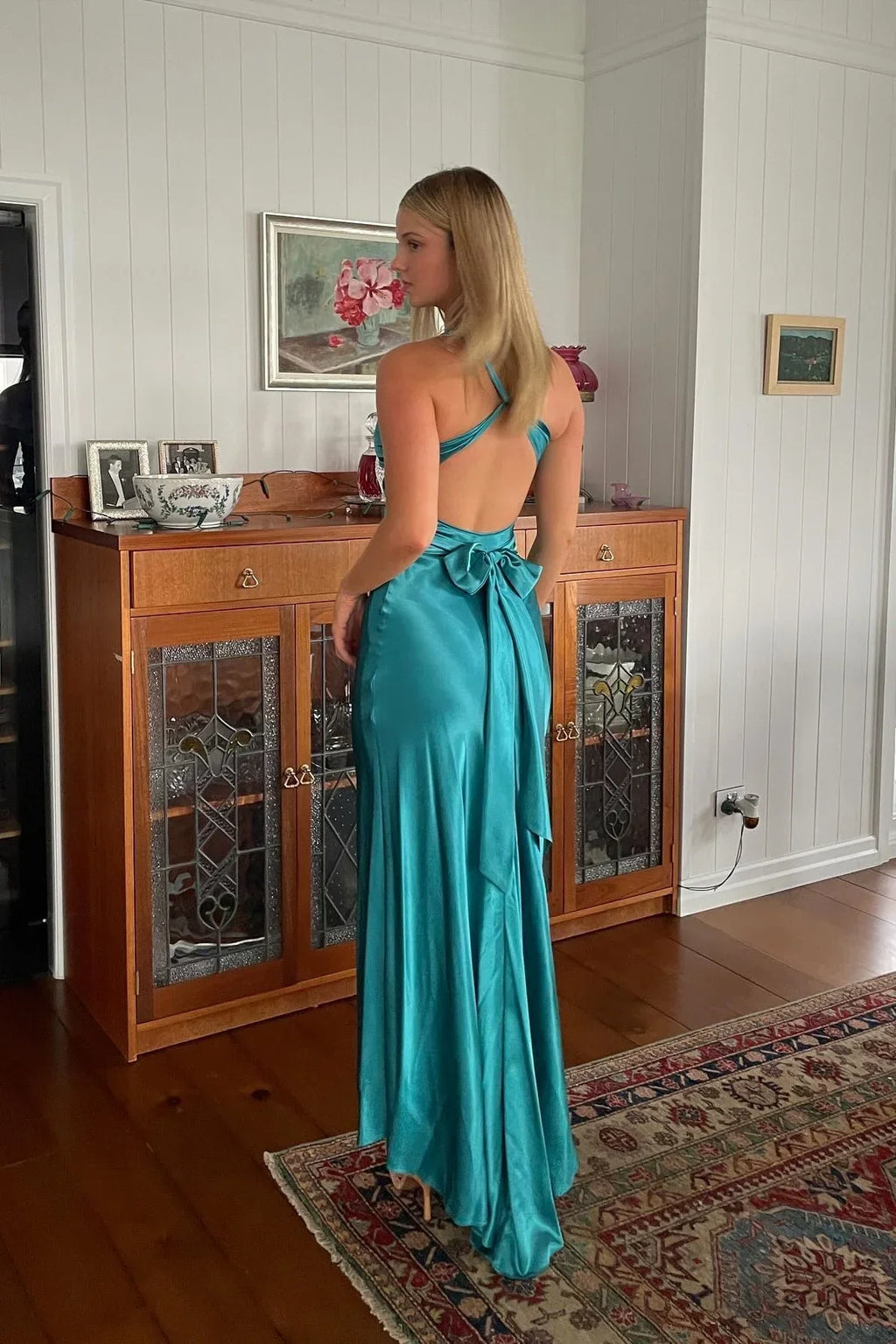 Trendy Sheath Halter Neck  Long Party Dress with Open Back Bowknot