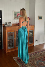 Trendy Sheath Halter Neck  Long Party Dress with Open Back Bowknot