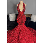 Trumpet/Mermaid V-Neck Lace Sequins Appliques Backless Sleeveless Prom Dress