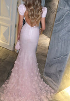 Sweetheart Short Sleeves Sequins Floral Mermaid Prom Dress