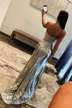Chic Beaded Ruched Long Dress with Slit Prom Dress