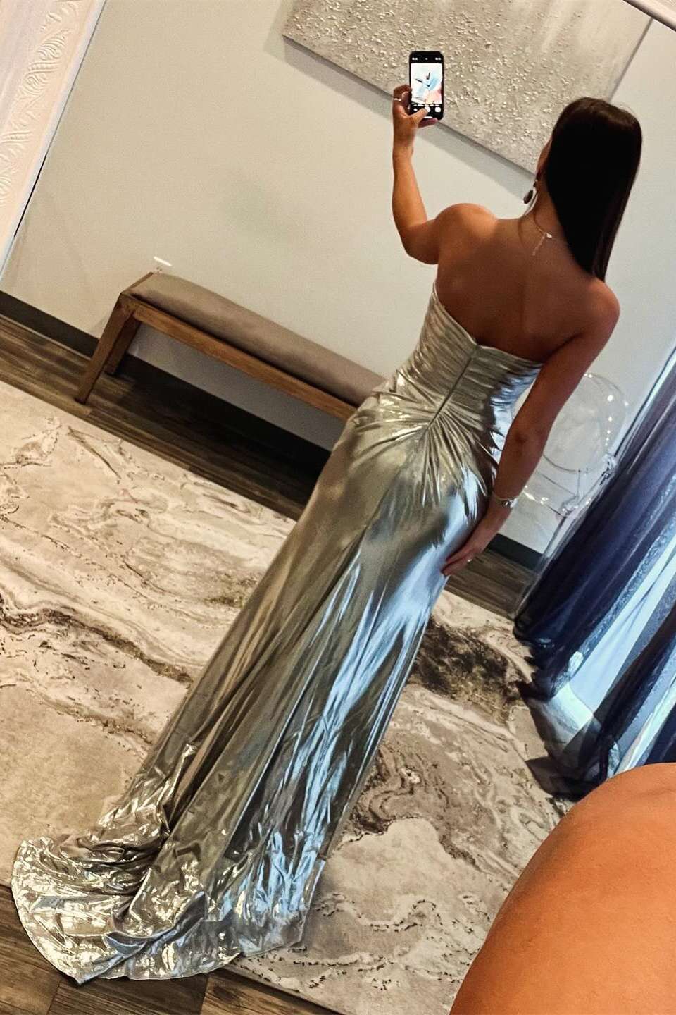 Chic Beaded Ruched Long Dress with Slit Prom Dress