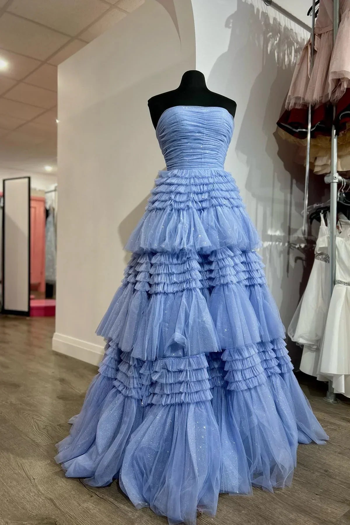 Chic Strapless Periwinkle Tulle Tiered Ruffle Formal Dress