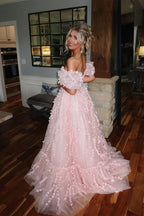 Charming Puff Sleeves  3D Floral A-line Long Dress