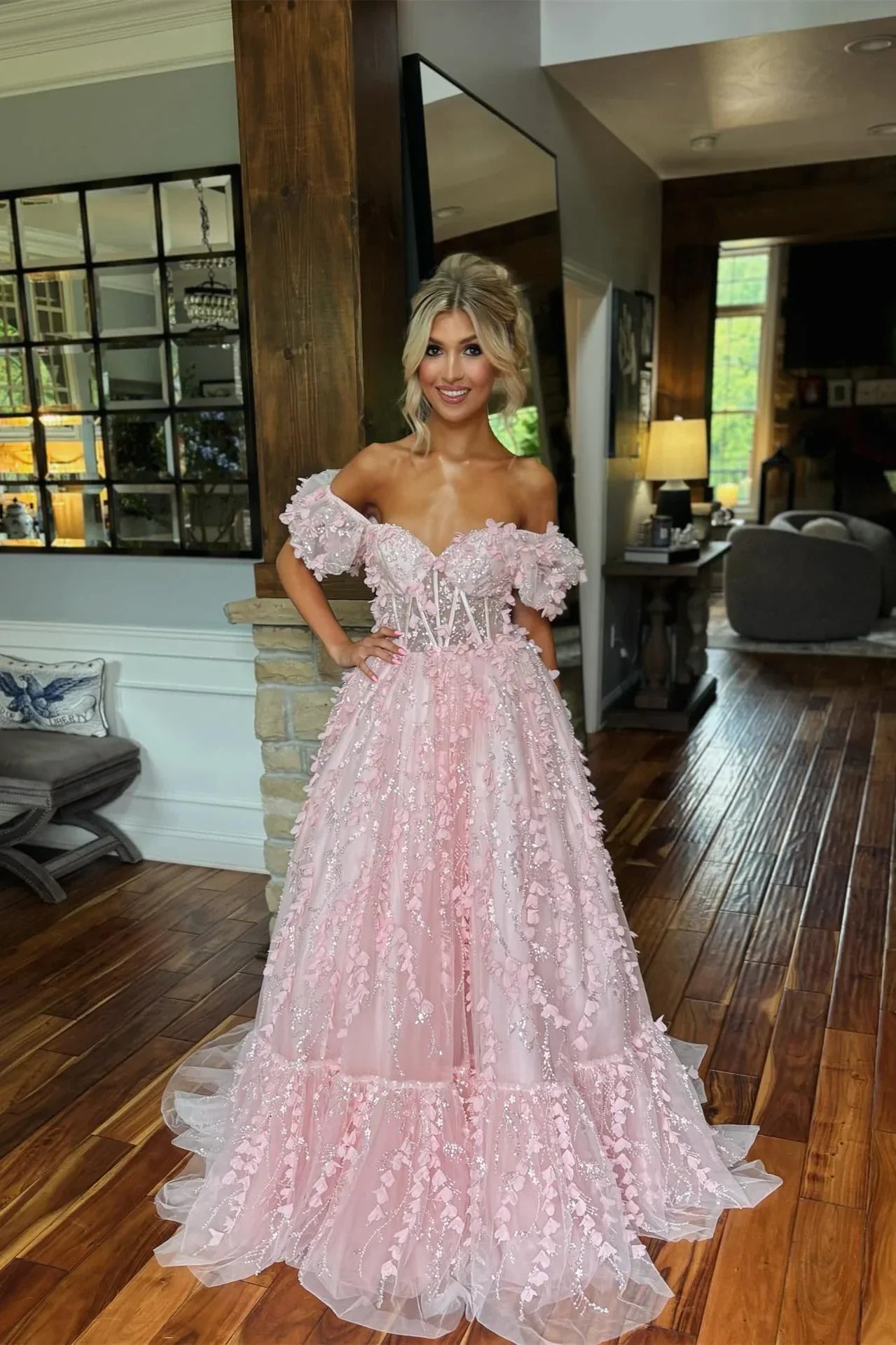 Charming Puff Sleeves  3D Floral A-line Long Dress
