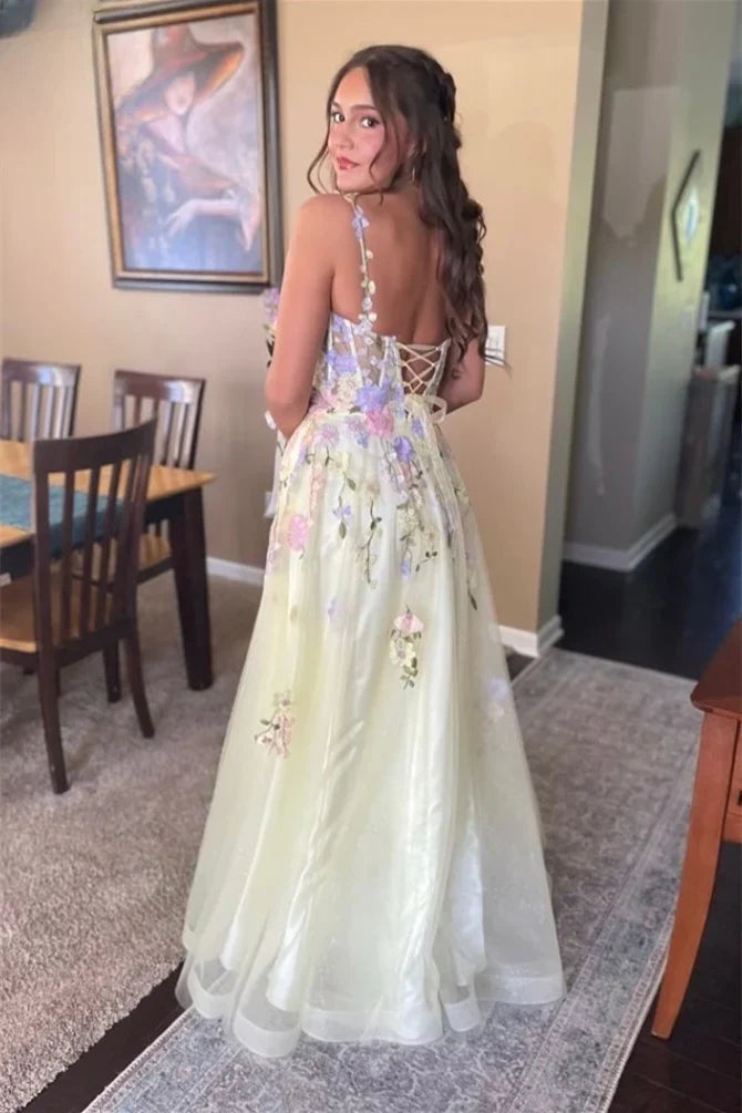 Artistic Straps  Appliques A-line Long Dress with Slit