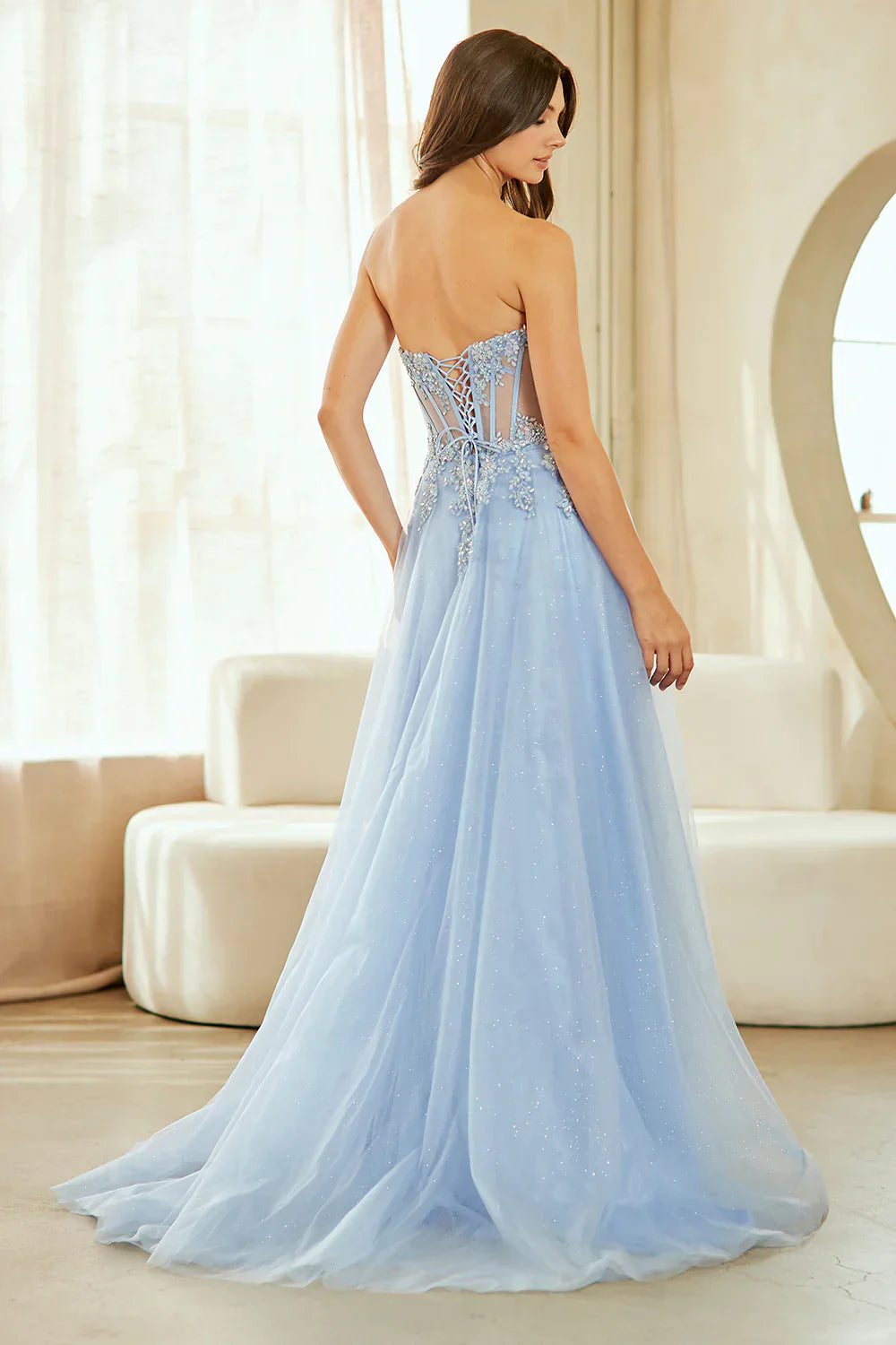 Chic Applique Strapless Slit Backless Gown Prom Dress