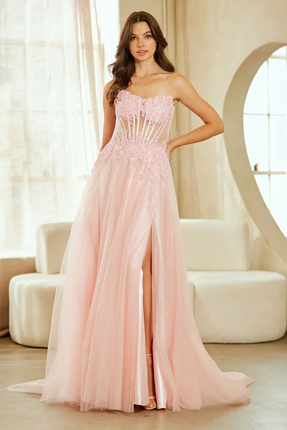 Chic Applique Strapless Slit Backless Gown Prom Dress