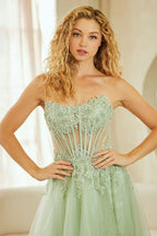 Chic Applique Strapless Slit Backless Gown Prom Dress