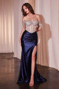 Sexy Beaded Off Shoulder Satin Slit Gown Ruched Split Prom Dress