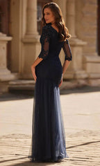 Elegant Illusion 3/4 Sleeve Ruched Floor-Length Evening Gown