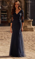 Elegant Illusion 3/4 Sleeve Ruched Floor-Length Evening Gown