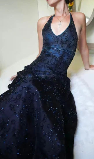Lace Halter Prom Dresses Long Evening Party Dress
