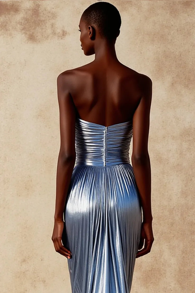 Sky  Formal Dress Mermaid Strapless Metallic Satin Maxi Dress