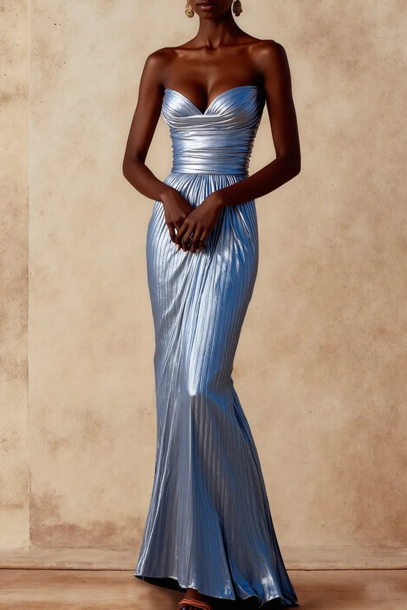 Sky  Formal Dress Mermaid Strapless Metallic Satin Maxi Dress