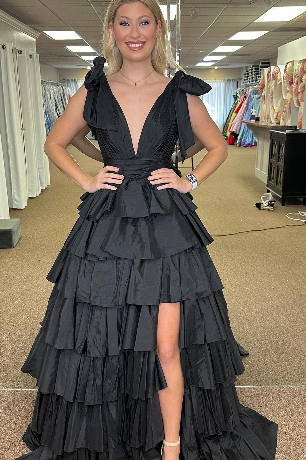 Princess A Line Deep V Neck Long Prom Dress with Ruffles