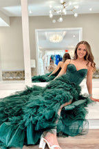 Sweetheart Ruffle Tiered Tulle Long Prom Dresses with Slit