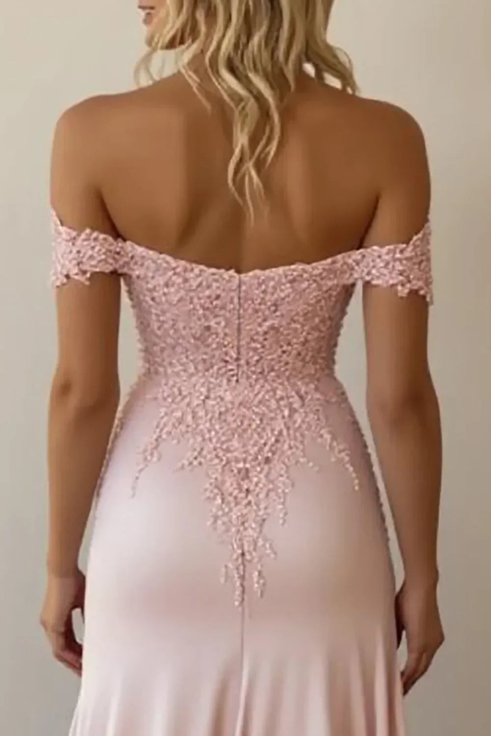 Pink Mermaid Off the Shoulder Satin Long Prom Dress with Lace