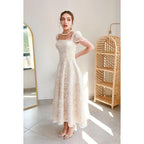 Square Neck Cup Sleeves Print Tulle A-Line Tea Lenght Evening Prom Dress