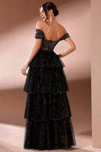 Sparkly A Line Tiered Off The Shoulder Long Prom Dress with Slit
