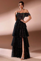 Sparkly A Line Tiered Off The Shoulder Long Prom Dress with Slit