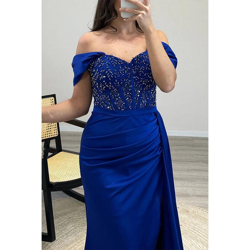 Sheath/column Beaded Off-shoulder Pleast Long Prom Evening Dress