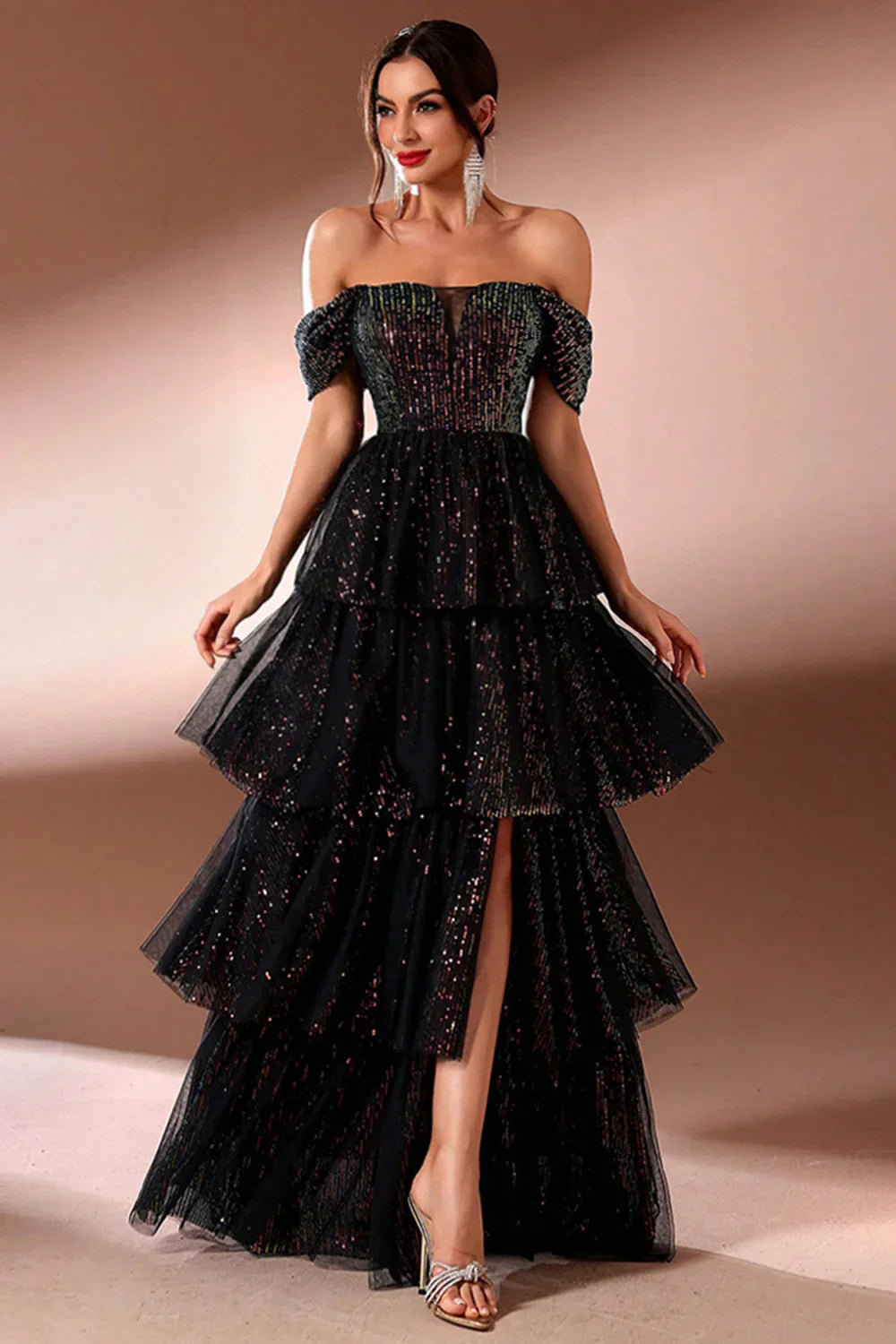 Sparkly A Line Tiered Off The Shoulder Long Prom Dress with Slit