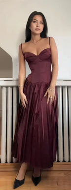 Stunning A Line Spaghetti Strap Pleated Dark Satin Long Party Dress