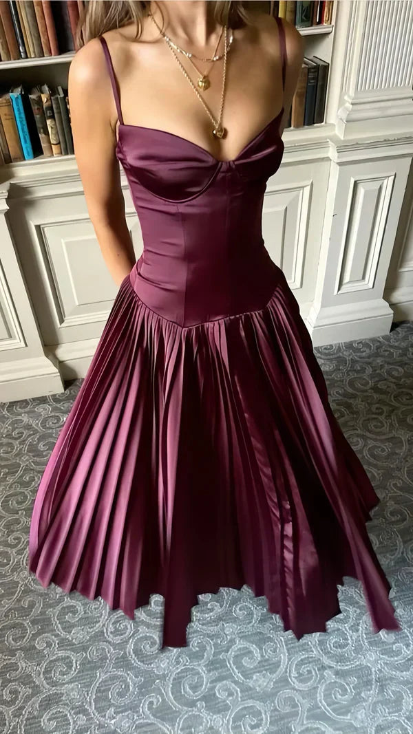Stunning A Line Spaghetti Strap Pleated Dark Satin Long Party Dress