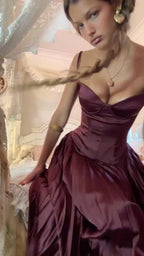 Stunning A Line Spaghetti Strap Pleated Dark Satin Long Party Dress