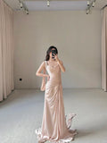 Light Sheath Straps Beaded Pleated Satin Long Wedding Guest Dress Prom Dress