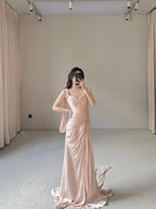 Light Sheath Straps Beaded Pleated Satin Long Wedding Guest Dress Prom Dress