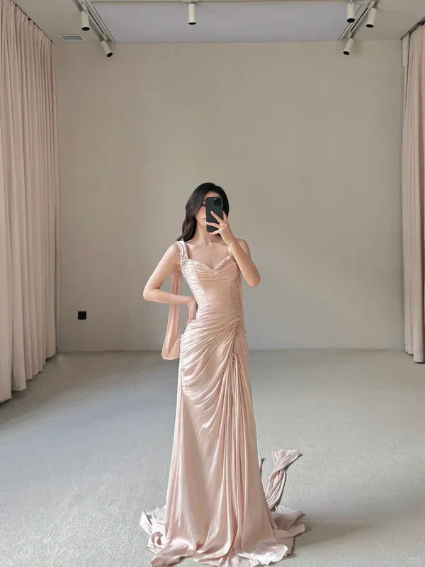 Light Sheath Straps Beaded Pleated Satin Long Wedding Guest Dress Prom Dress
