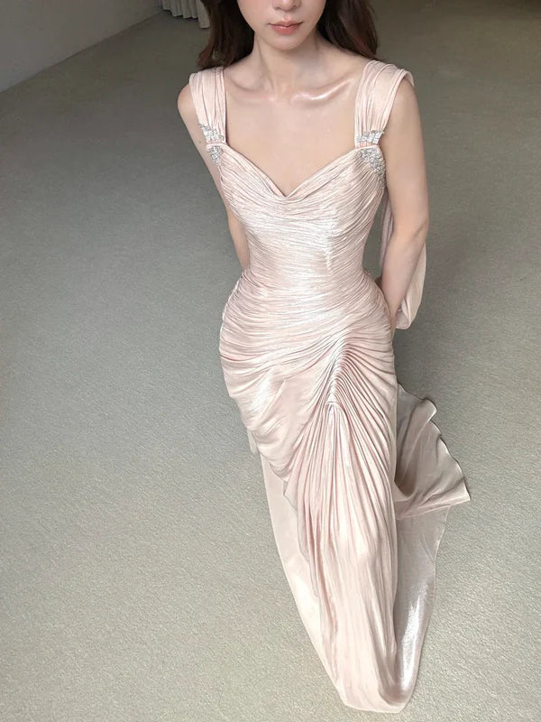 Light Sheath Straps Beaded Pleated Satin Long Wedding Guest Dress Prom Dress