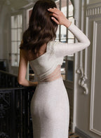 Sexy Sheath/Column One-Shoulder Long Sleeves Sequined Prom Dresses With High Split