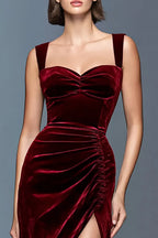 Velvet Sheath Ruched Long Holiday Party Dress with Slit