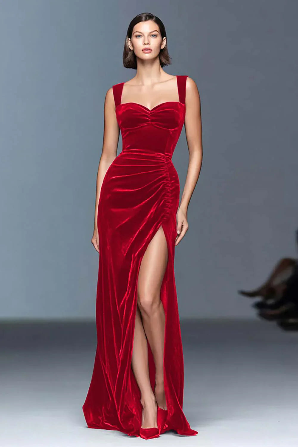 Velvet Sheath Ruched Long Holiday Party Dress with Slit