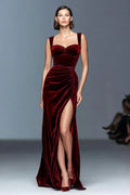 Velvet Sheath Ruched Long Holiday Party Dress with Slit