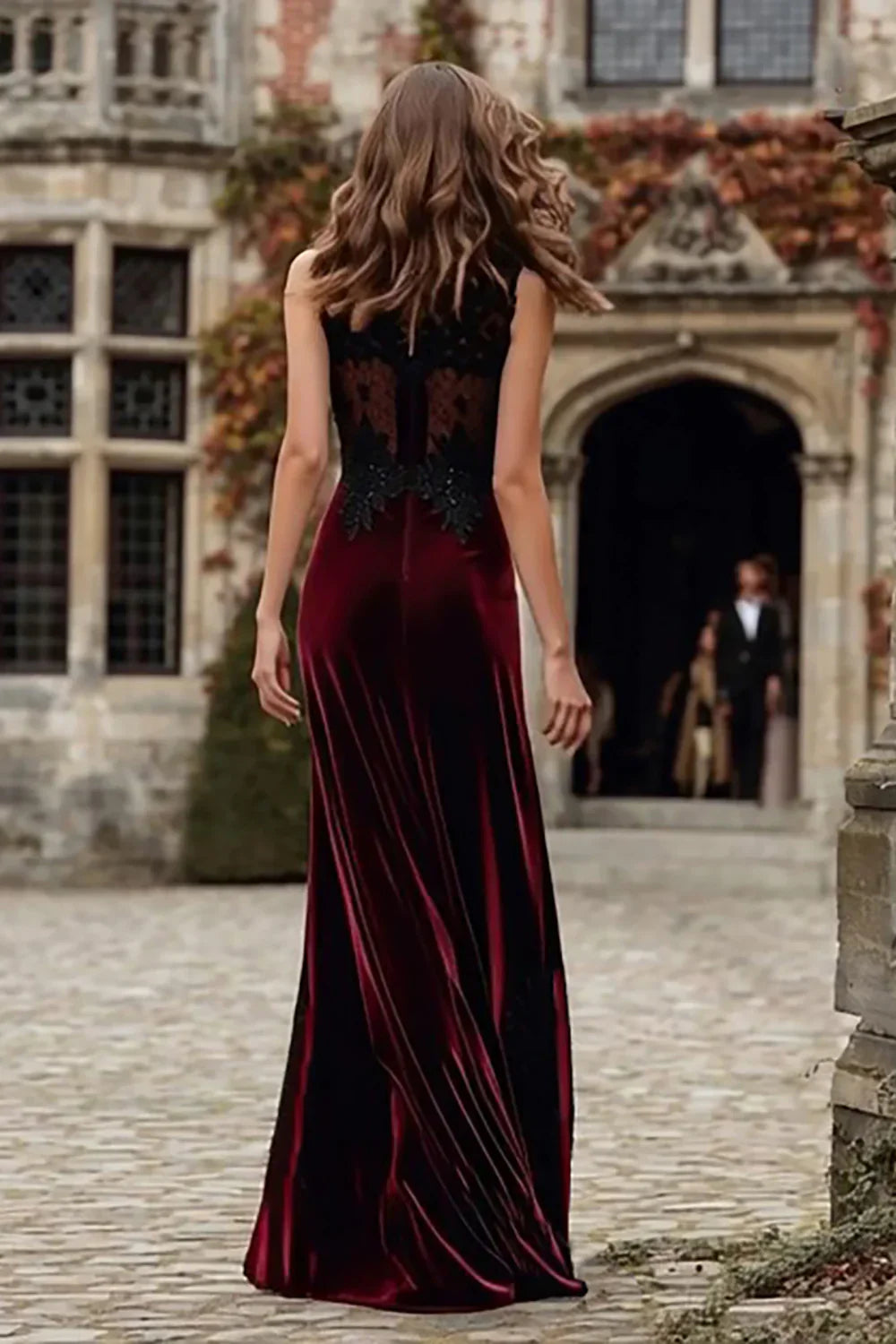 Velvet Round Neck Mermaid Long Holiday Party Dress with Lace