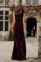 Velvet Round Neck Mermaid Long Holiday Party Dress with Lace