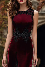 Velvet Round Neck Mermaid Long Holiday Party Dress with Lace
