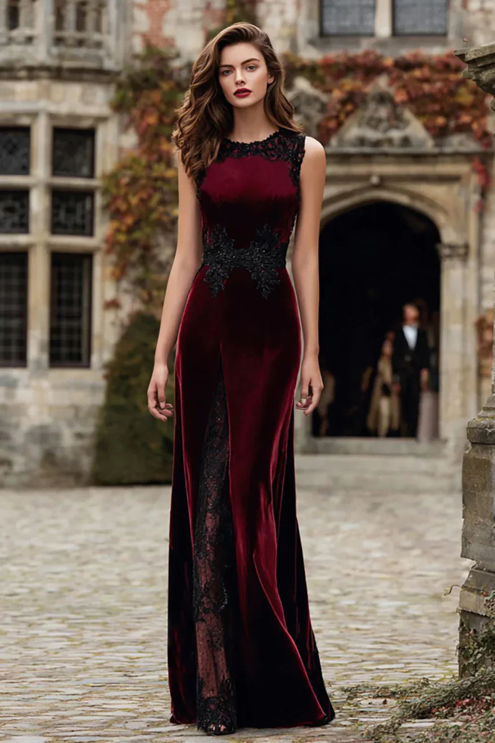 Velvet Round Neck Mermaid Long Holiday Party Dress with Lace