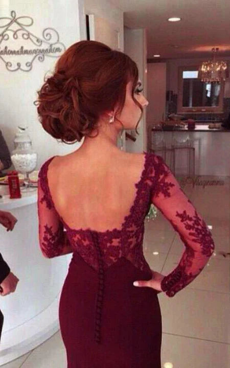 Sheath Satin Lace Sweetheart Long Sleeve Open Back Button Zipper Dress