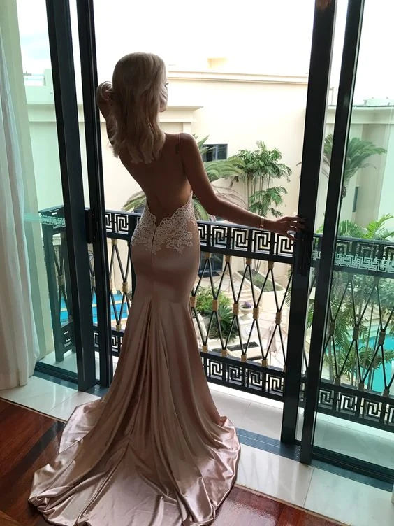 Sexy Mermaid Backless Prom Dress Nude V Neck Long Lace Spaghetti Straps Prom Dresses